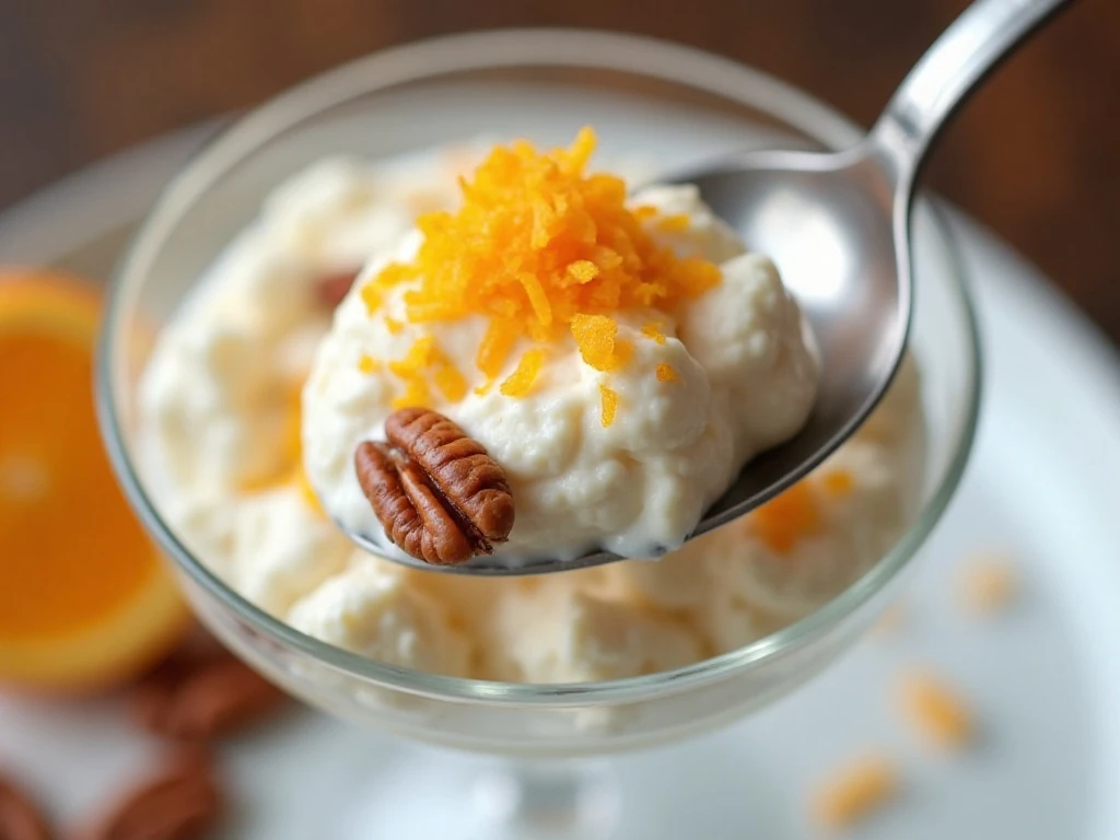 Close-up of orange fluff salad with pecans and orange zest