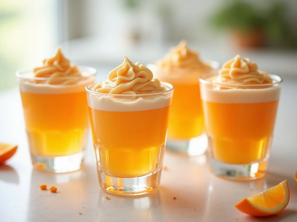 Four creamy orange tangerine keto jello whips served in clear dessert glasses