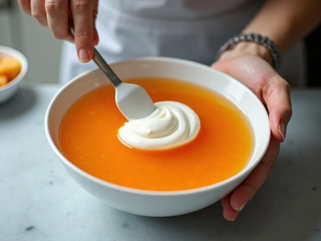 Folding whipped cream into partially set orange gelatin
