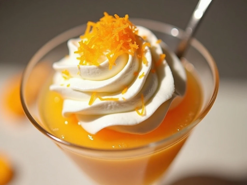 Orange tangerine jello whip garnished with whipped cream and orange zest