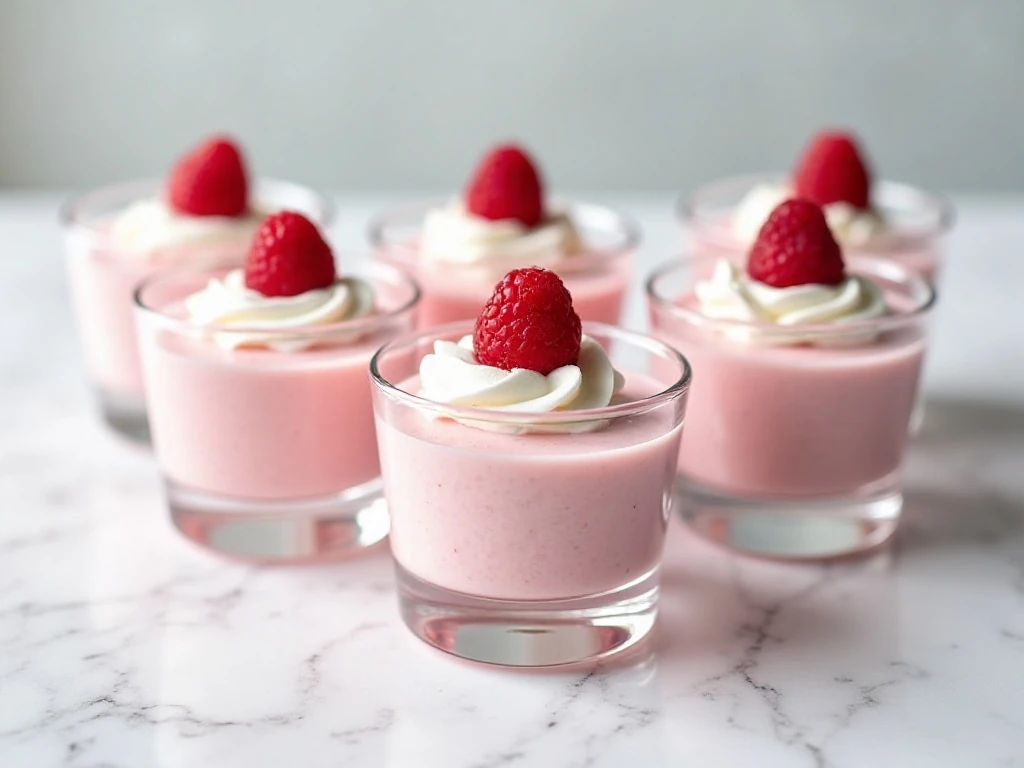 Six servings of creamy keto raspberry jello mousse in small glasses