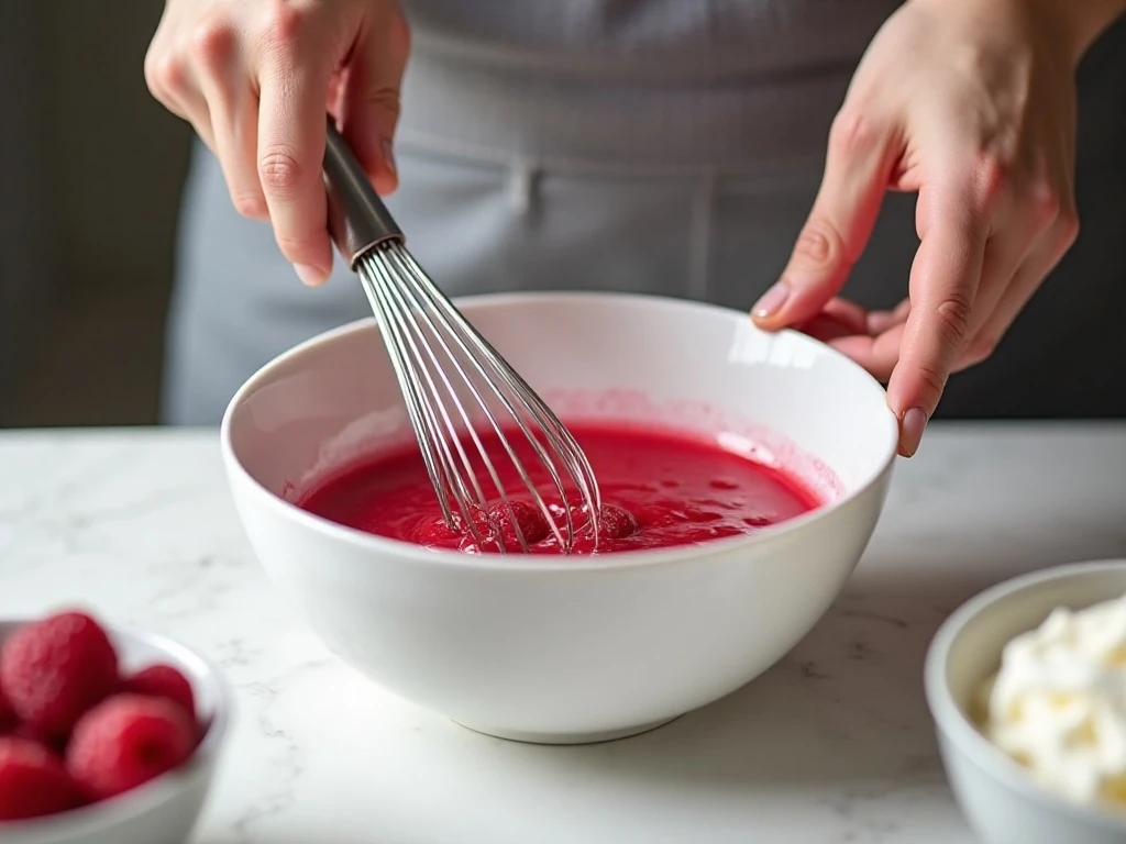 Dissolving raspberry gelatin and preparing the mousse mixture