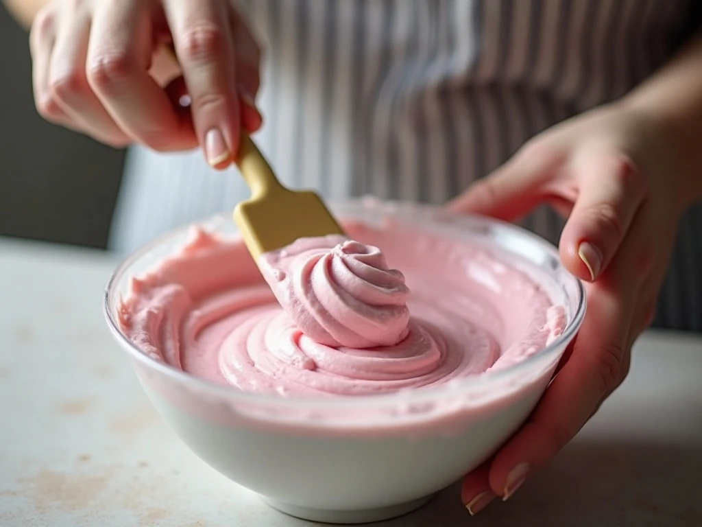 Gently folding whipped cream into raspberry mousse