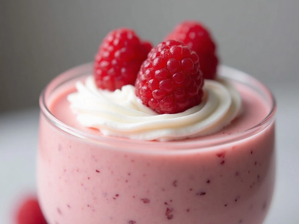 Keto raspberry mousse topped with whipped cream and fresh raspberries