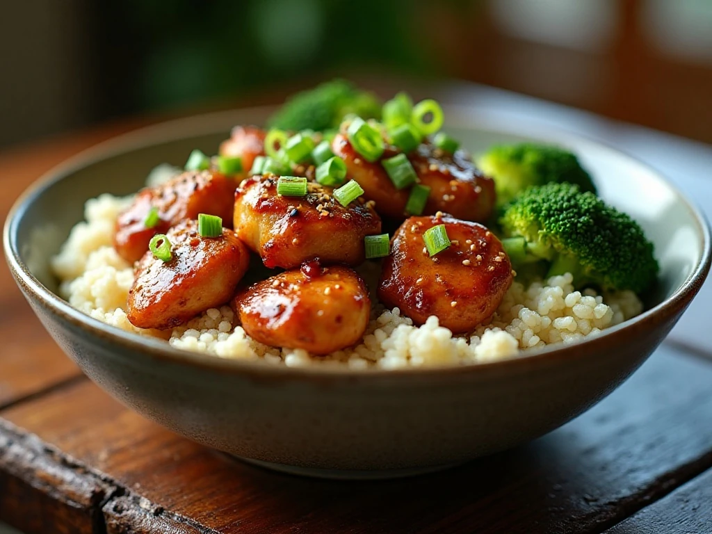Low-carb keto sesame chicken served with cauliflower rice and broccoli