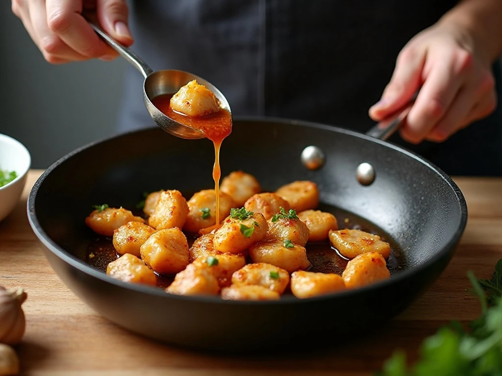 Chicken browning in a skillet for keto sesame chicken