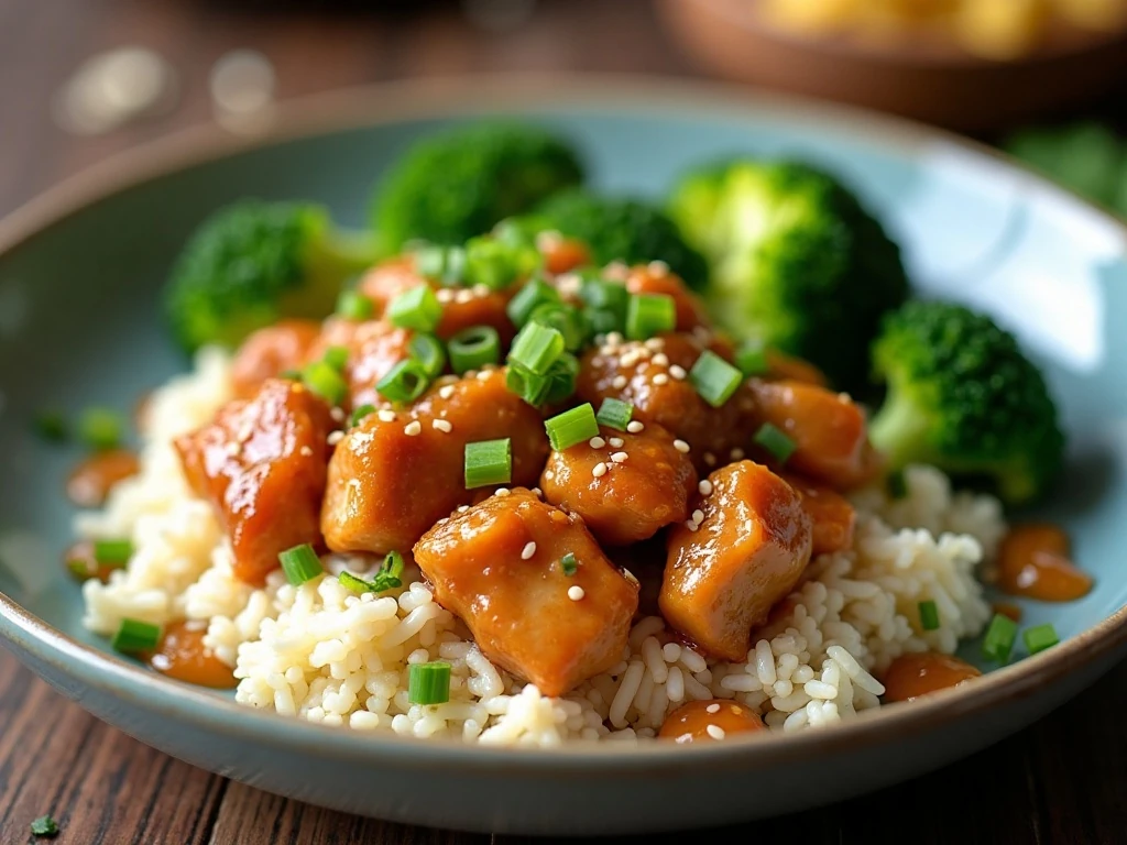 Keto sesame chicken dinner with cauliflower rice and steamed broccoli