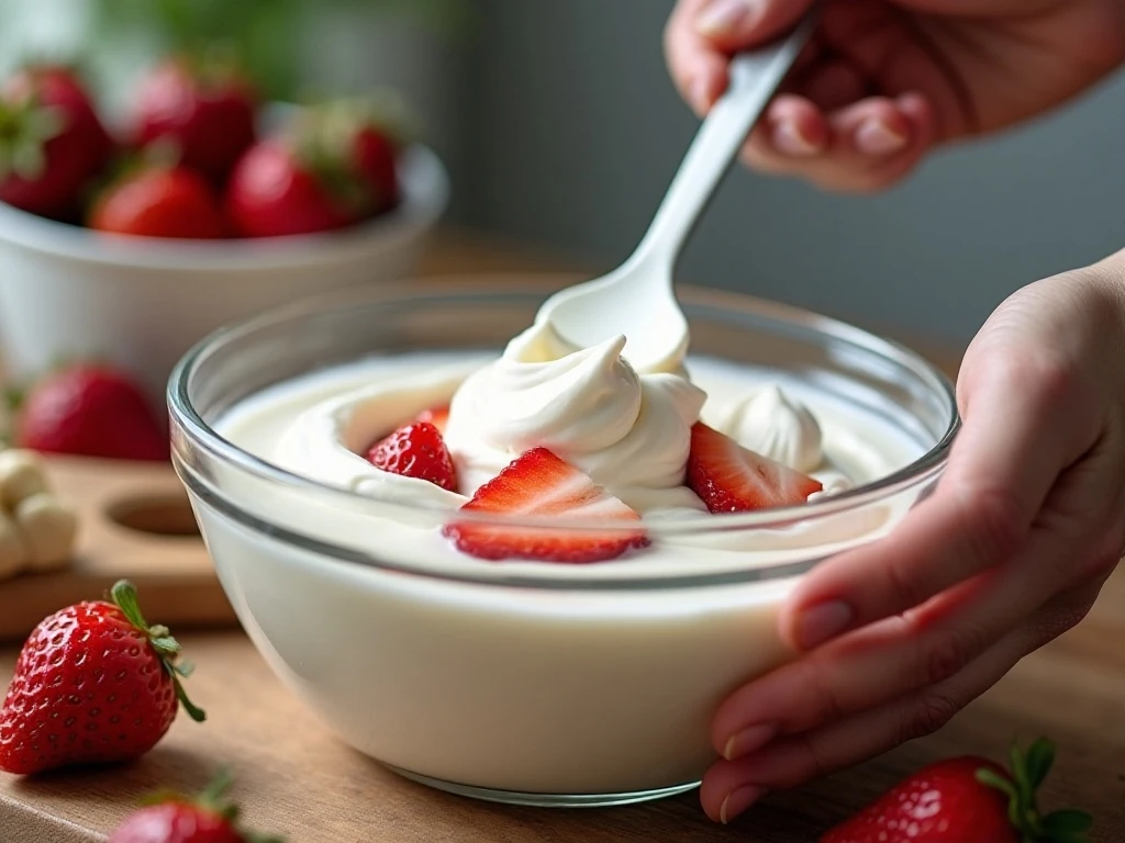 Folding sliced strawberries into whipped cream