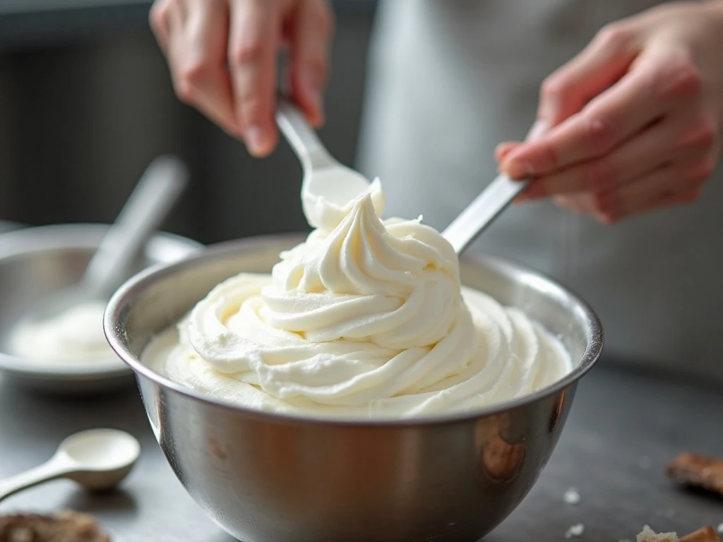 Medium-stiff peaks of vanilla whipped cream