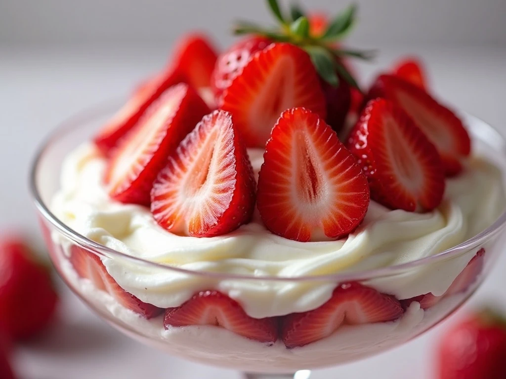 Strawberry garnish on whipped cream dessert