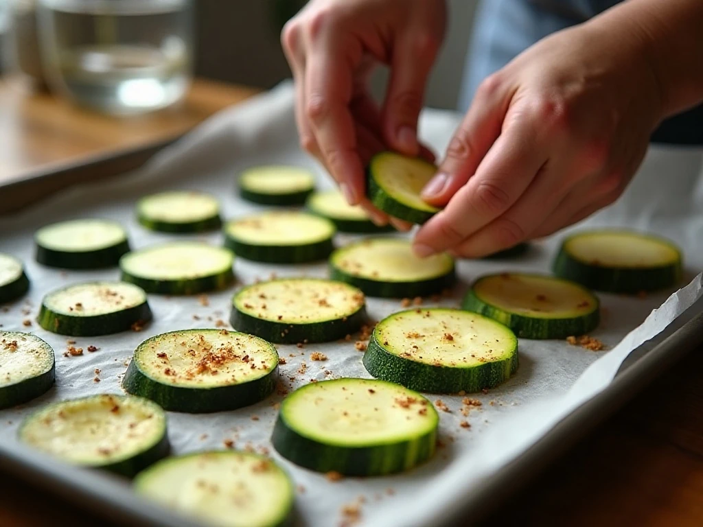 Zucchini rounds arranged on a baking sheet before roasting