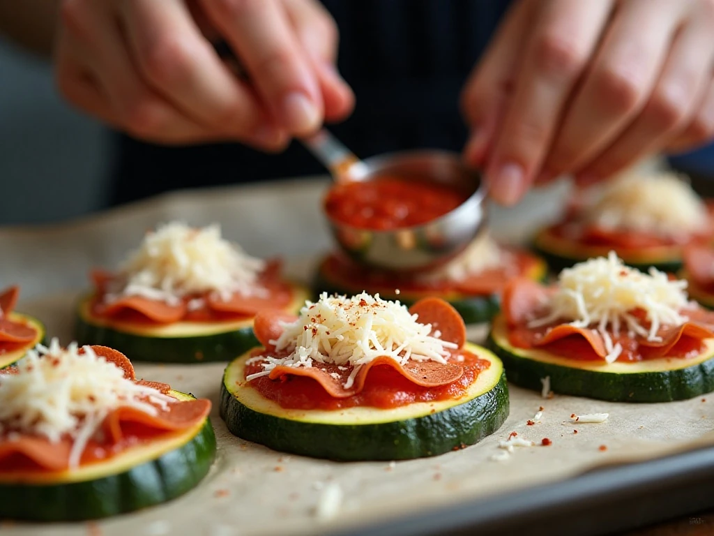 Topping roasted zucchini rounds with pizza sauce and cheese