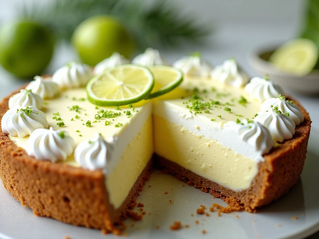 Key lime ice cream pie served with whipped cream and lime garnish