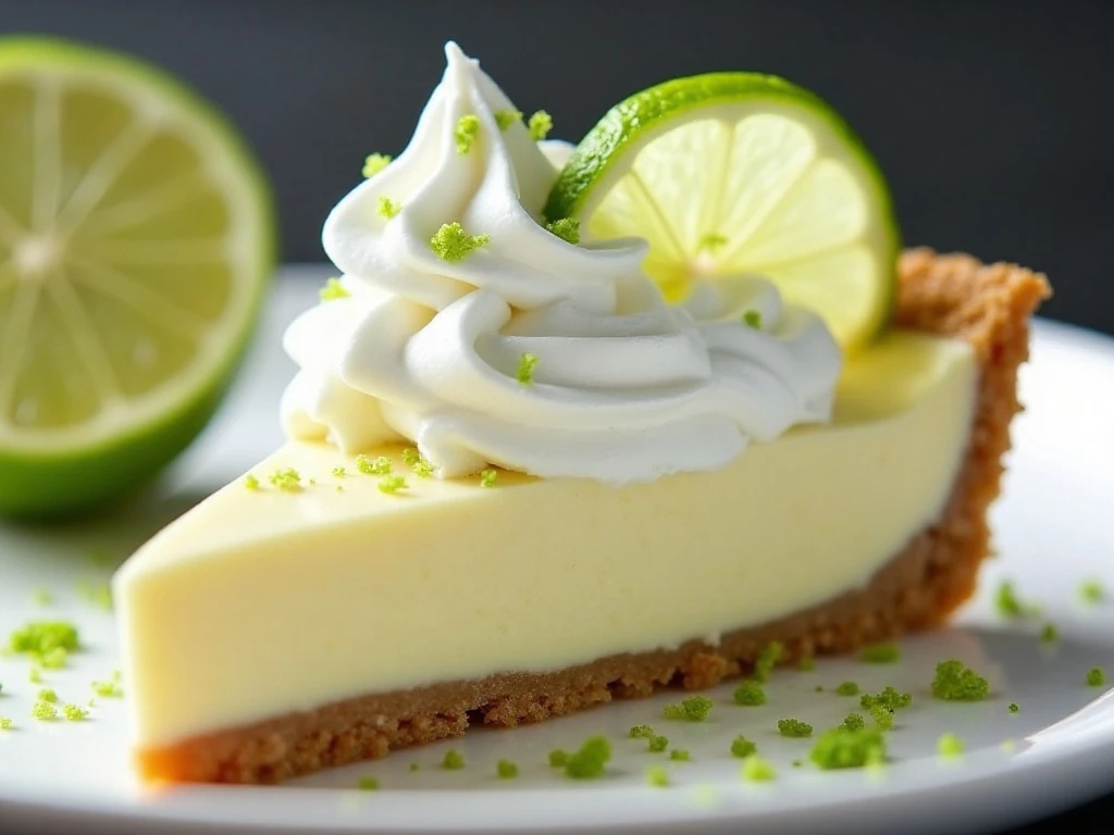 Close-up slice of Key lime ice cream pie with lime garnish