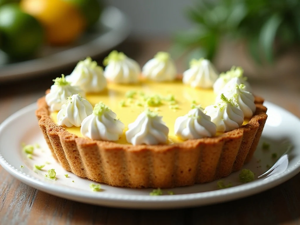 Whole homemade key lime pie with whipped cream and lime zest