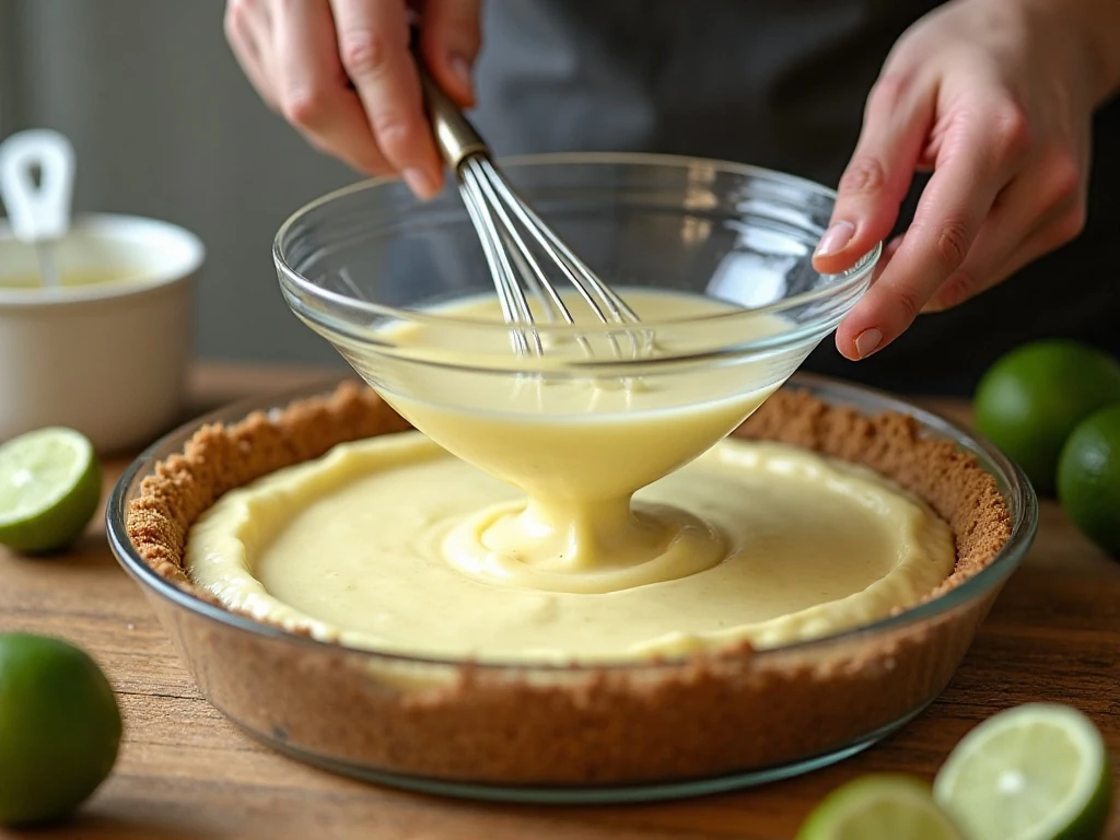 Whisking creamy key lime pie filling before baking