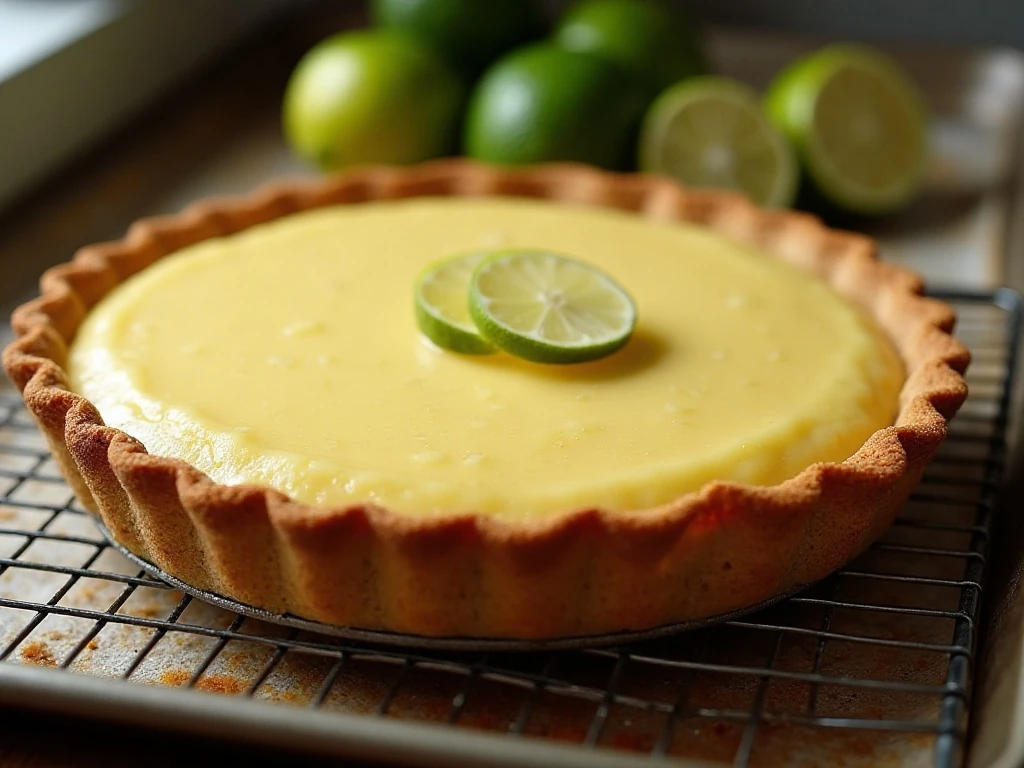 Freshly baked key lime pie cooling before refrigeration