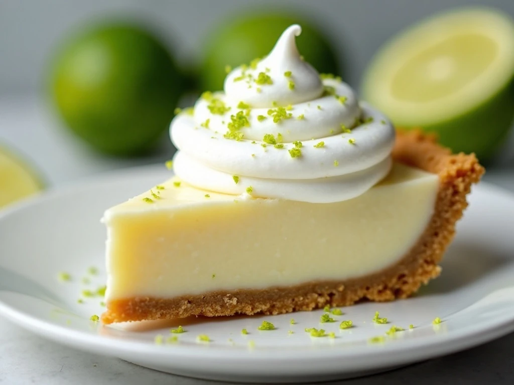 Key lime pie slice topped with whipped cream and lime zest