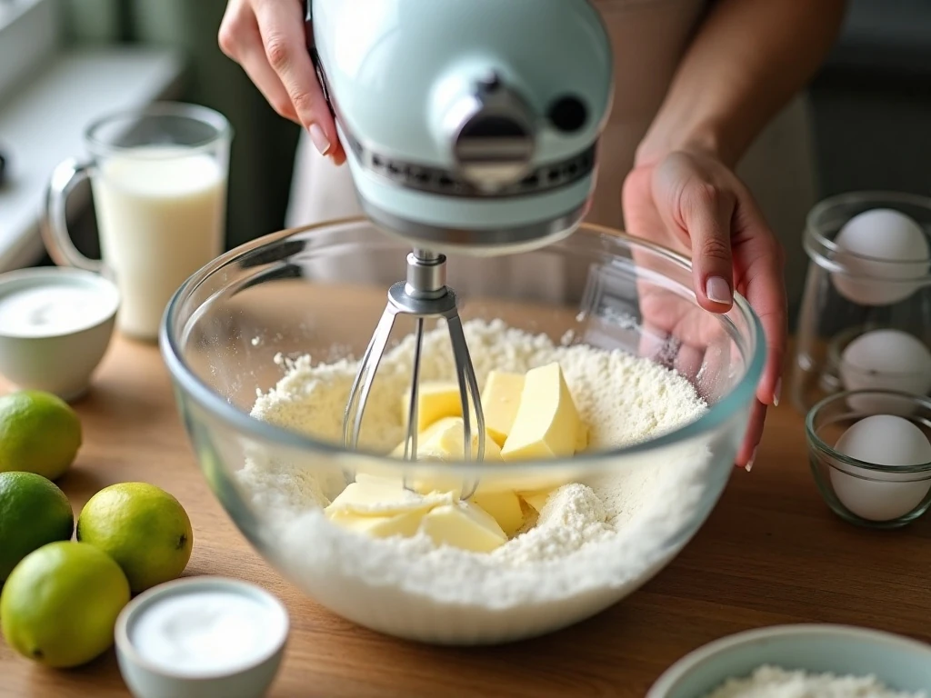 Creaming butter, shortening, and sugar for Key lime pound cake