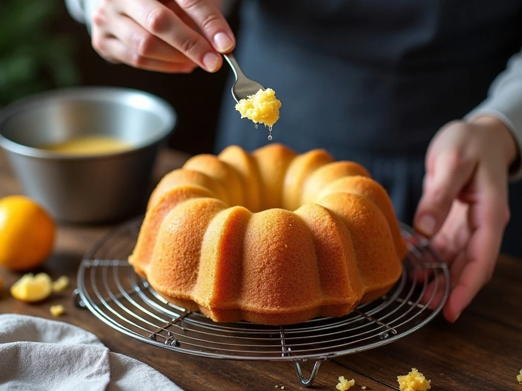 Testing a Key lime Bundt cake for doneness