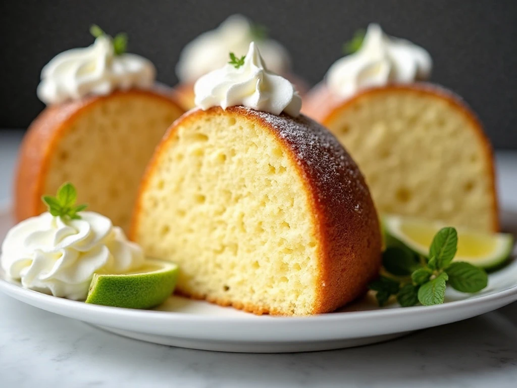 Sliced Key lime pound cake served with whipped cream