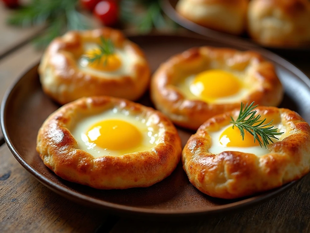 Four individual Georgian Adjaruli khachapuri with bubbling cheese, egg, and butter
