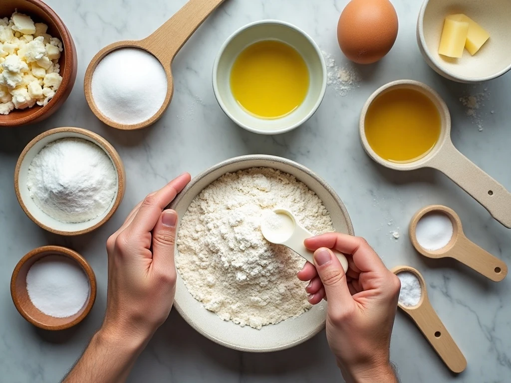 Ingredients for Georgian khachapuri dough and mozzarella-feta cheese filling