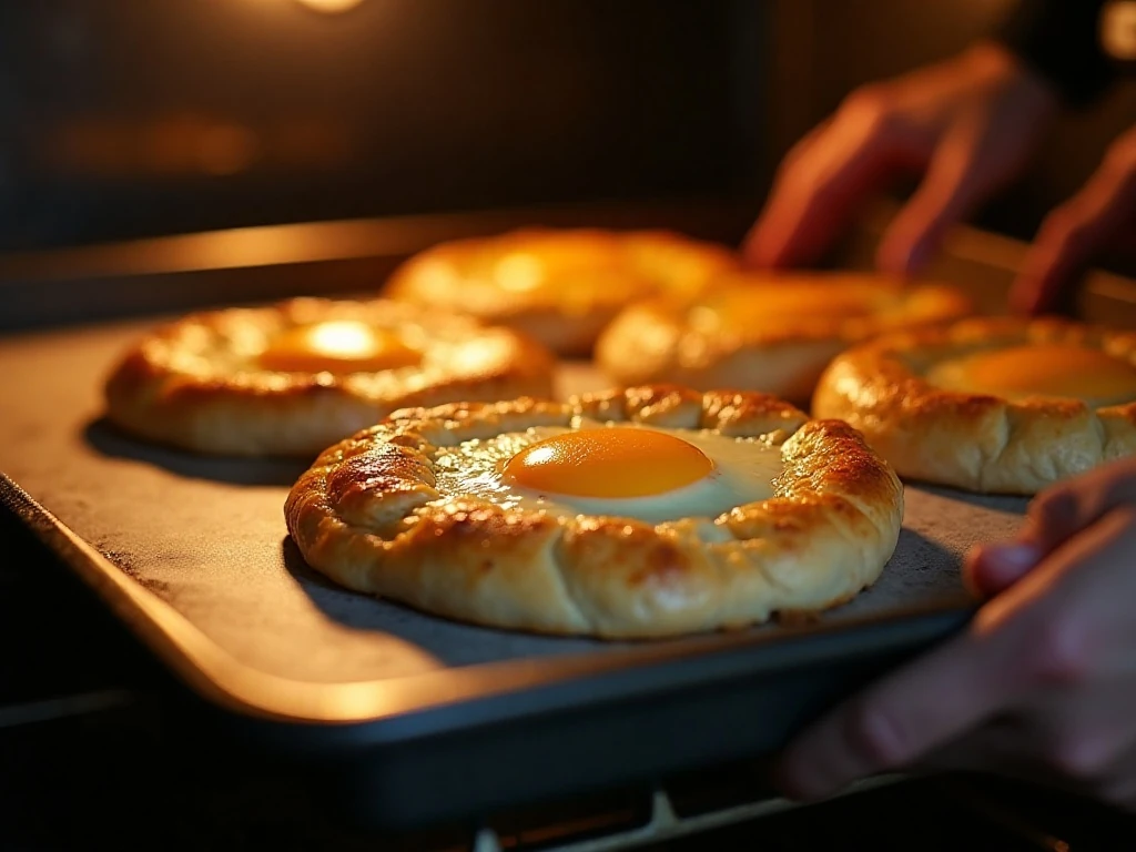 Golden khachapuri baking with bubbling cheese before the egg is added