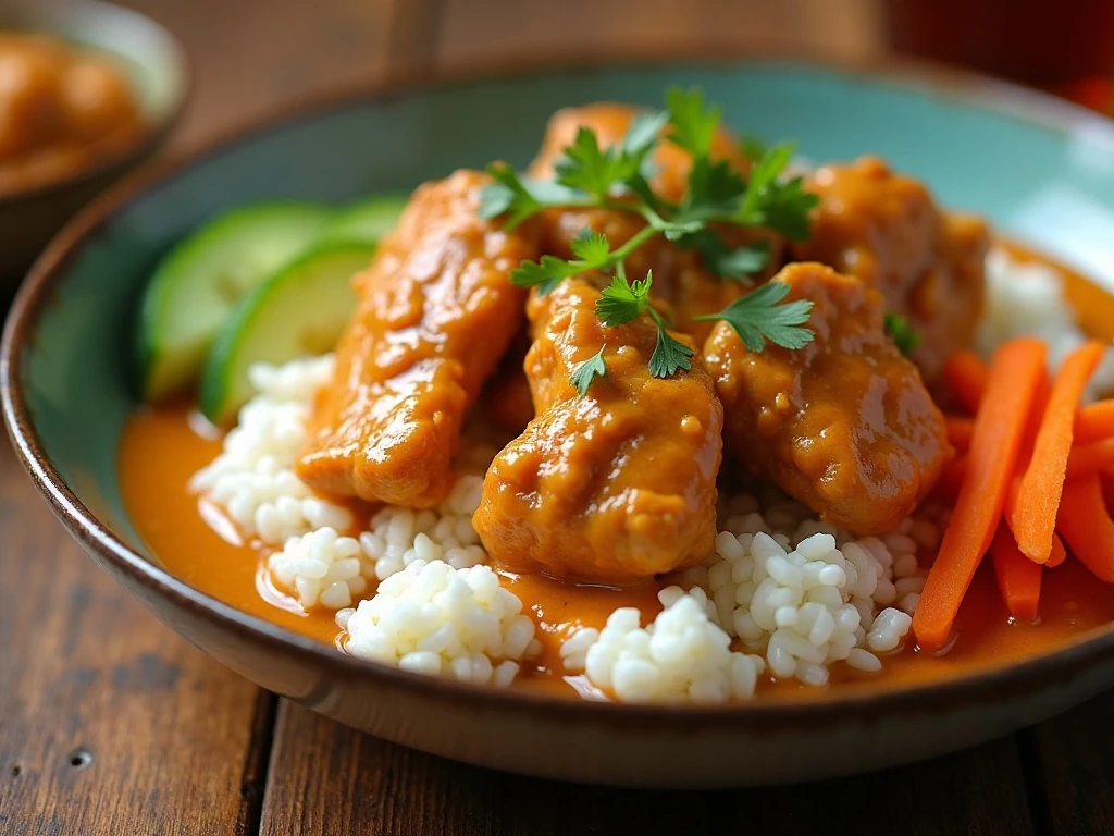 Kid-friendly peanut butter chicken served over rice with fresh vegetables