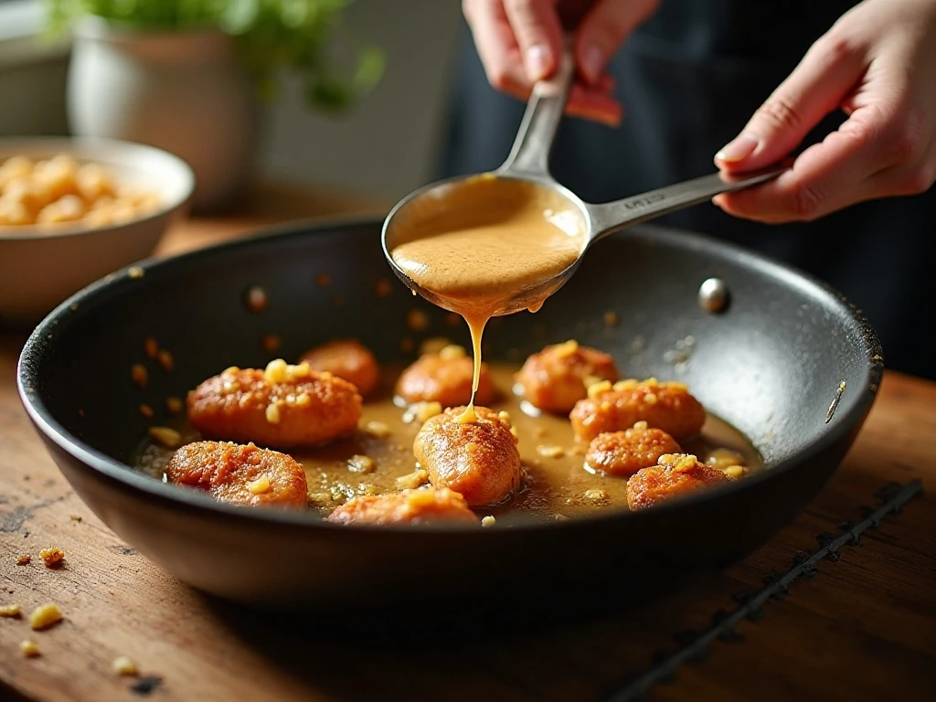 Chicken browning before peanut sauce is added in the skillet