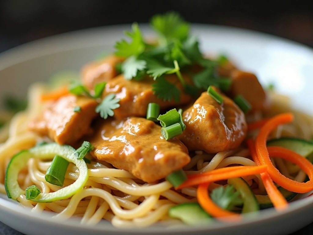 Peanut butter chicken noodles with cucumber, carrot, scallions, and cilantro