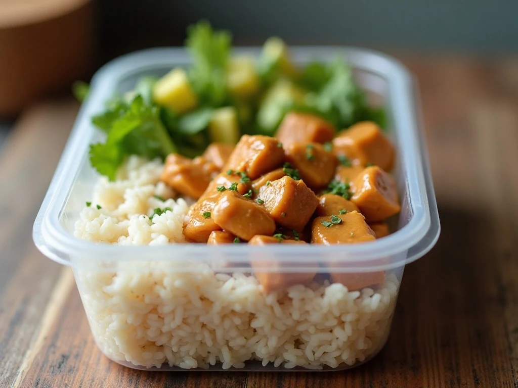 Stored peanut butter chicken and rice ready for reheating