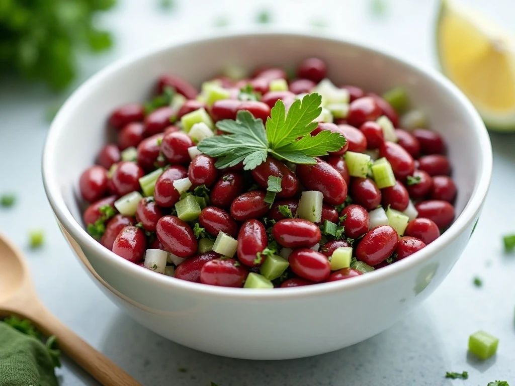 Refreshing kidney bean salad with celery, red onion, and parsley