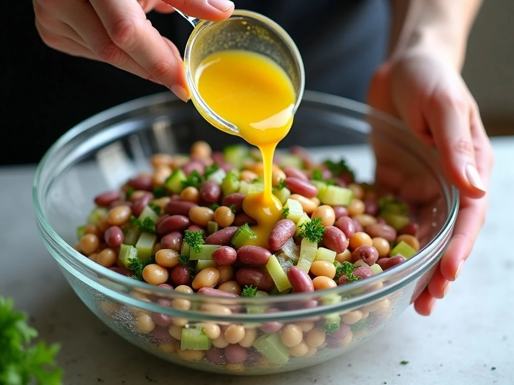 Gently mixing kidney beans and vegetables with salad dressing