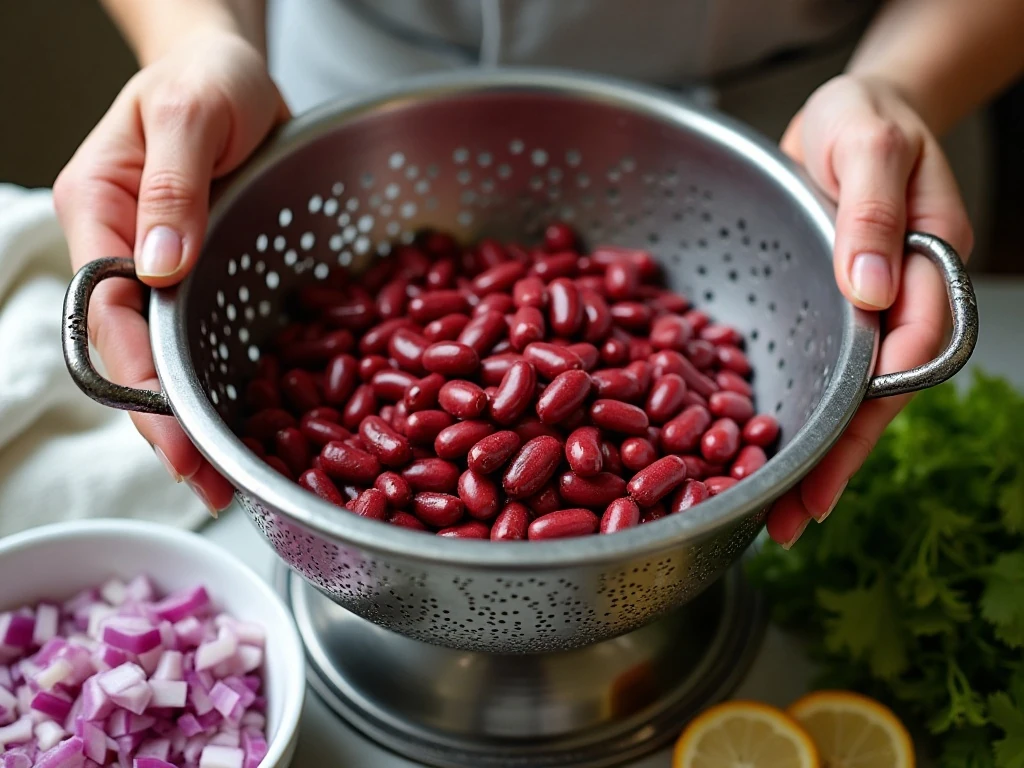 Rinsing and draining kidney beans for salad