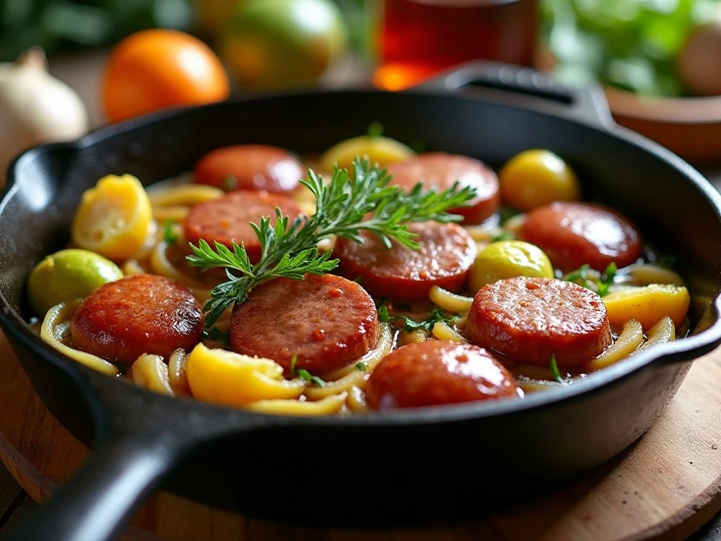 Kielbasa and Brussels sprouts skillet ready for dinner