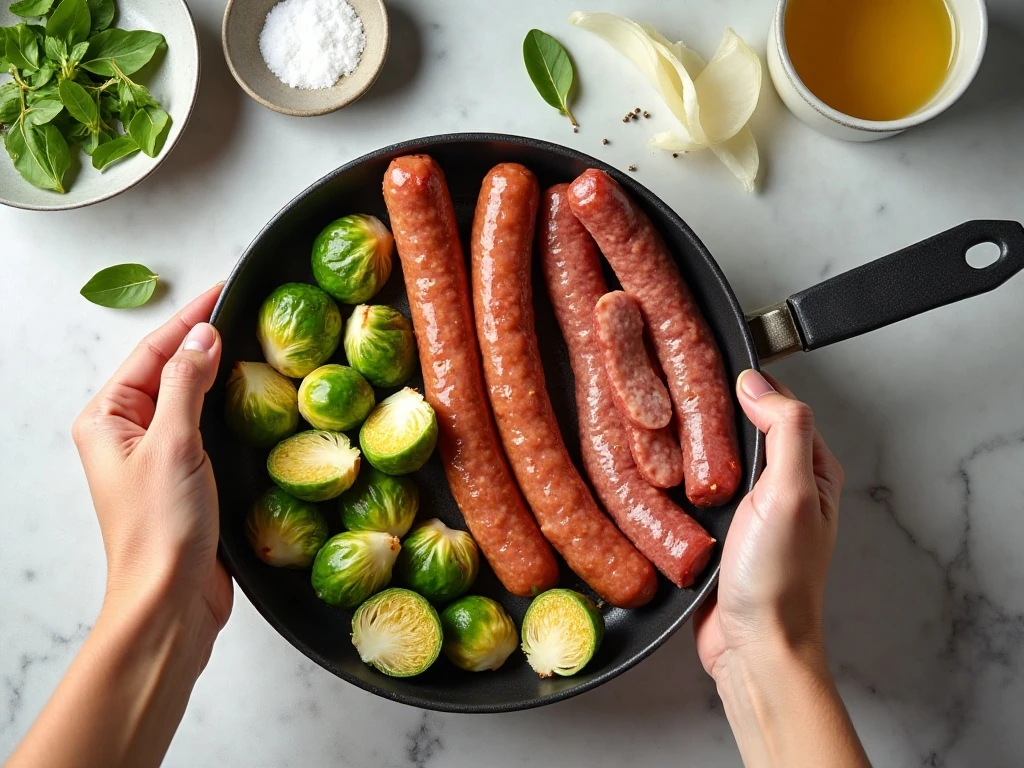 Ingredients for a 20-minute kielbasa and Brussels sprouts skillet