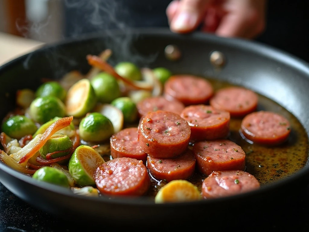 Kielbasa and Brussels sprouts browning in a skillet