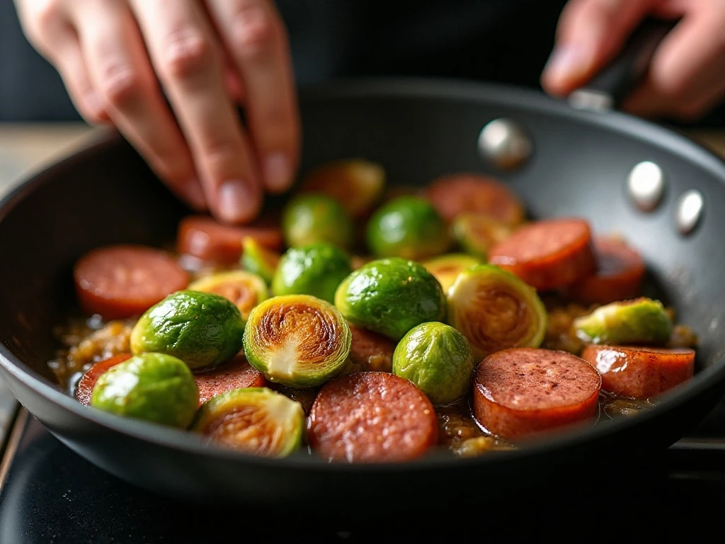 Brussels sprouts browning cut-side down with kielbasa