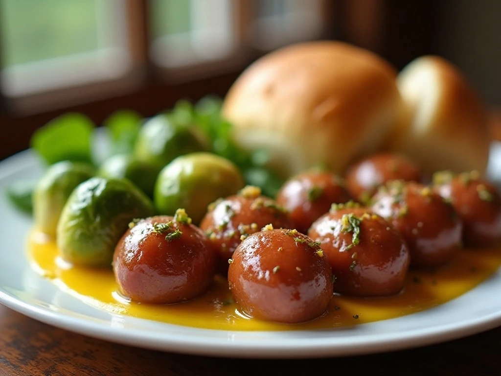 Mustard-coated kielbasa and Brussels sprouts served with bread