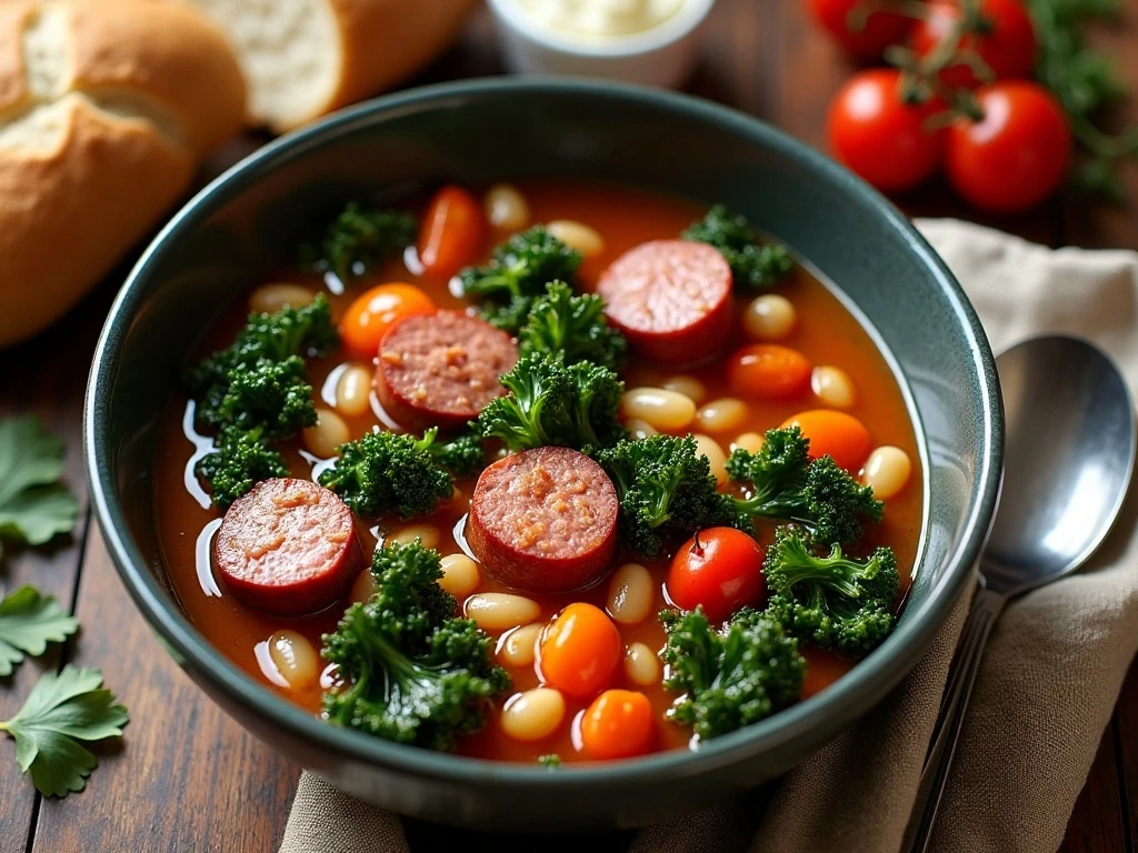 Bowl of hearty kielbasa sausage and kale soup served with crusty bread