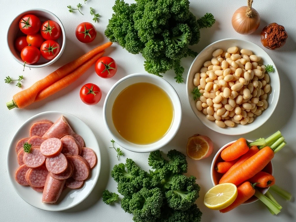 Ingredients for kielbasa sausage and kale soup arranged on a kitchen counter