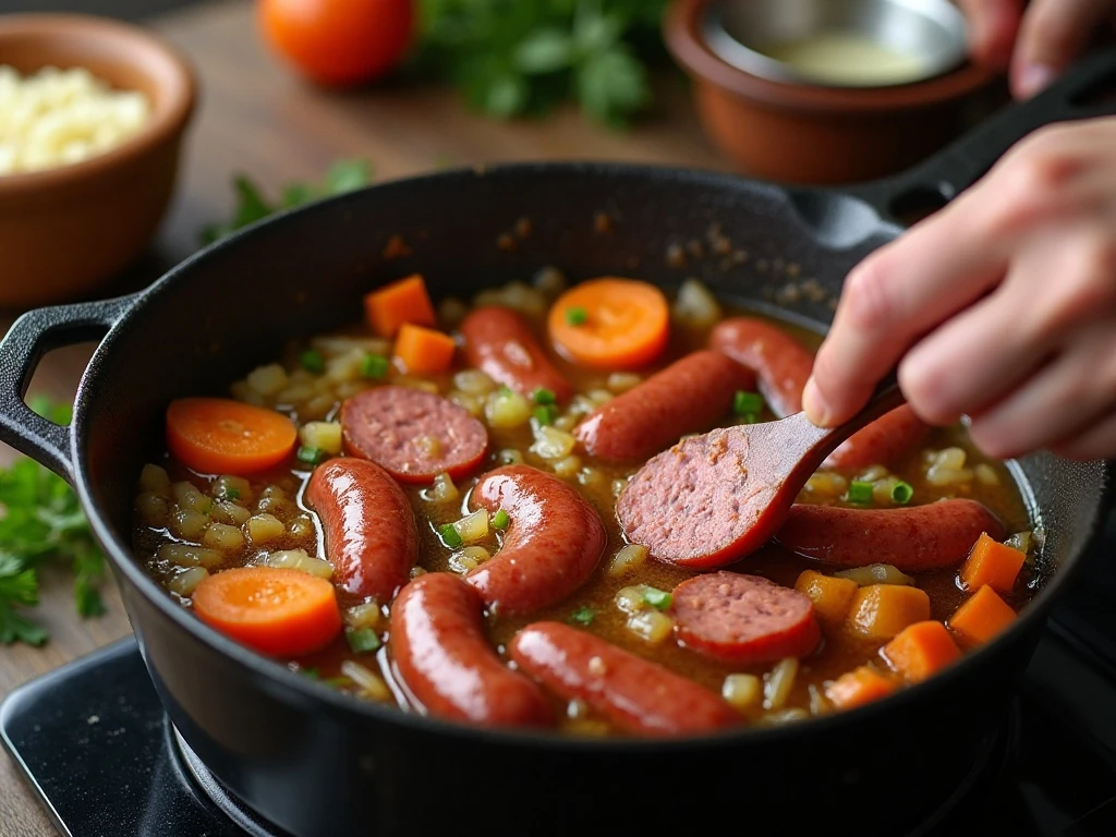 Kielbasa and vegetables browning in a Dutch oven for soup