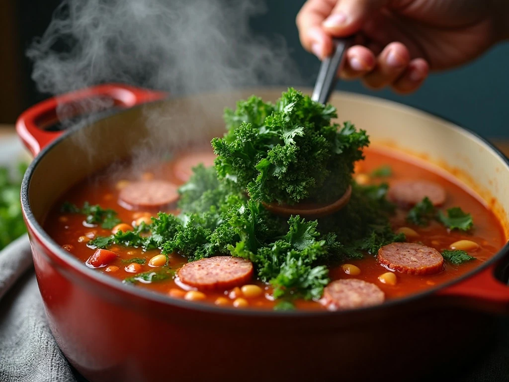 Fresh kale being added to simmering kielbasa soup