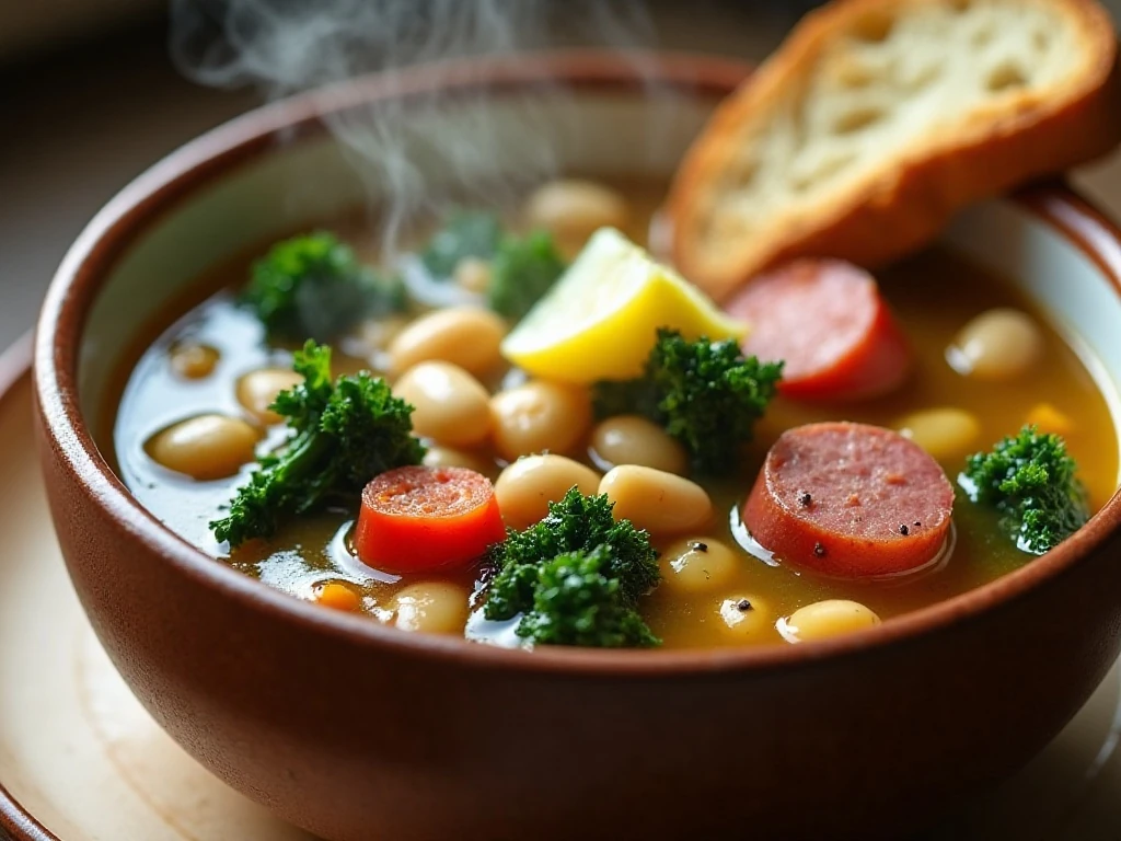 Close-up of kielbasa kale soup with lemon and black pepper