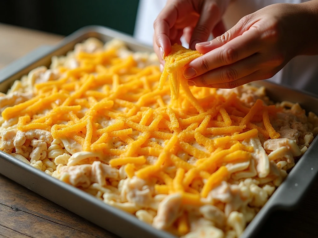 Layering tortillas, chicken, sauce, and cheese in the casserole dish
