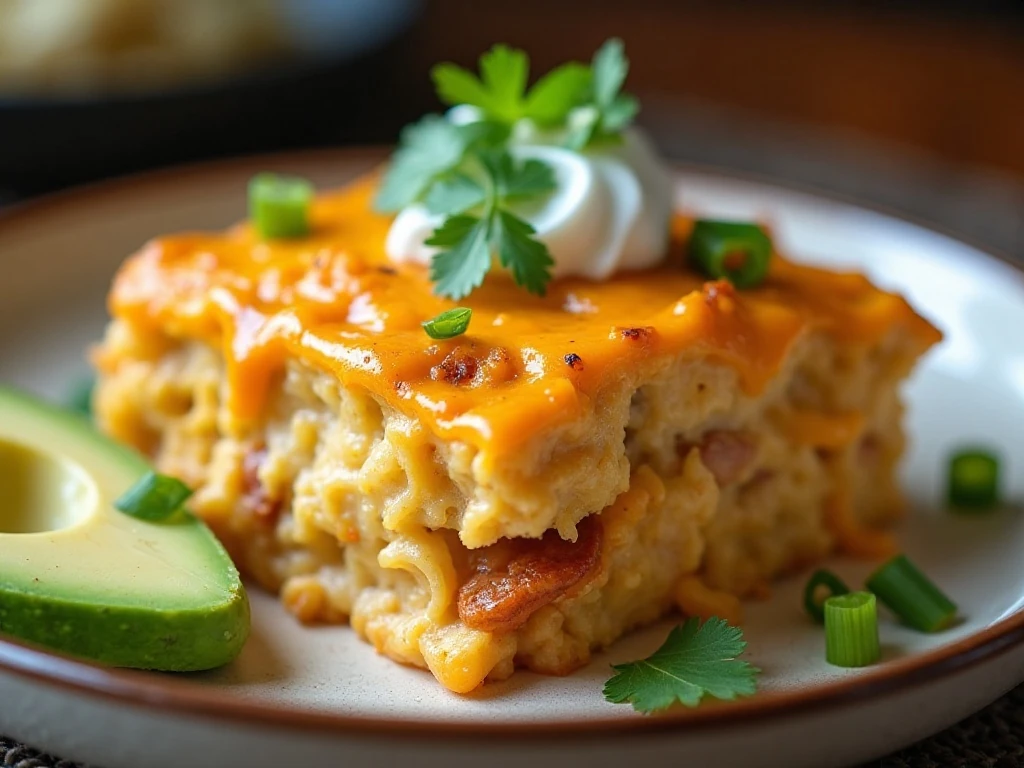 Close-up of a garnished serving of King Ranch chicken casserole