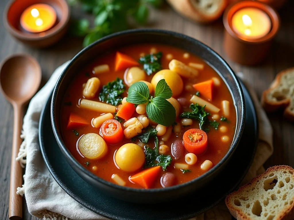 Cozy kitchen sink soup served with crusty bread