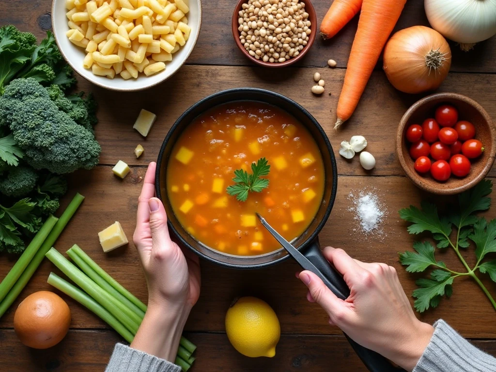 Ingredients for cozy kitchen sink soup arranged on a table