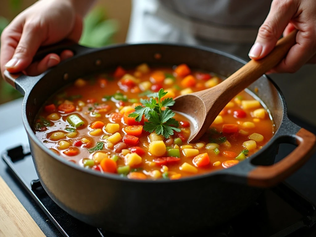 Kitchen sink soup simmering in a Dutch oven